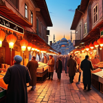 ** A bustling Istanbul bazaar at sunset. Focus on vibrant colors, spices, Turkish delight, and the warm glow of lanterns. Include diverse people haggling and enjoying the atmosphere. Style: Realistic painting.

**