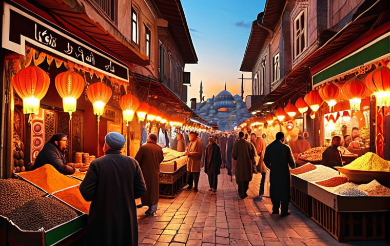 ** A bustling Istanbul bazaar at sunset. Focus on vibrant colors, spices, Turkish delight, and the warm glow of lanterns. Include diverse people haggling and enjoying the atmosphere. Style: Realistic painting.
**